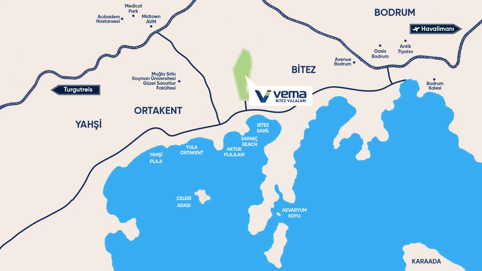 Vema Bitez Villaları'nın Bodrum içindeki konum haritası