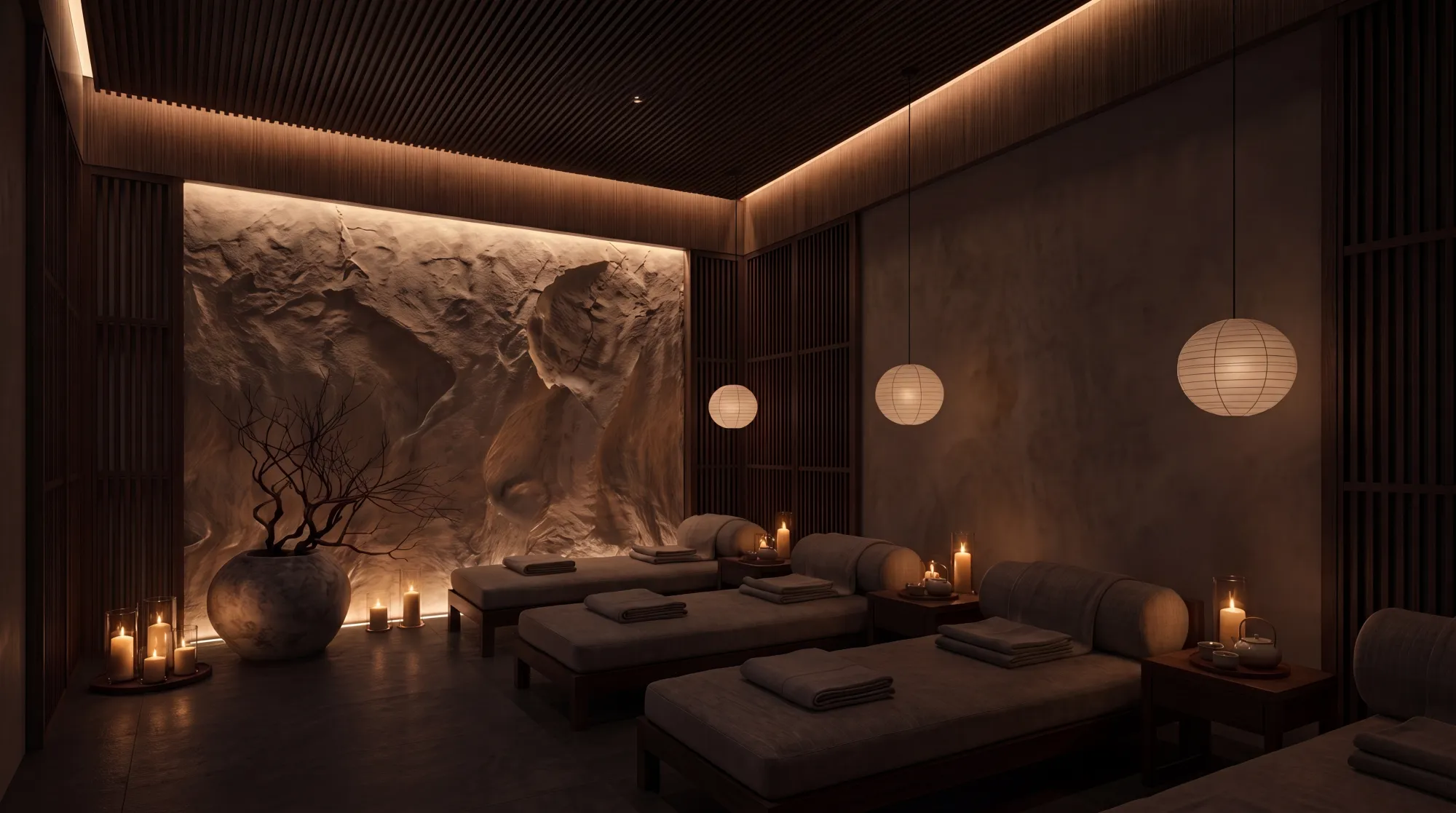 Işık ve malzemeyle sakinleştirilen wellness alanı