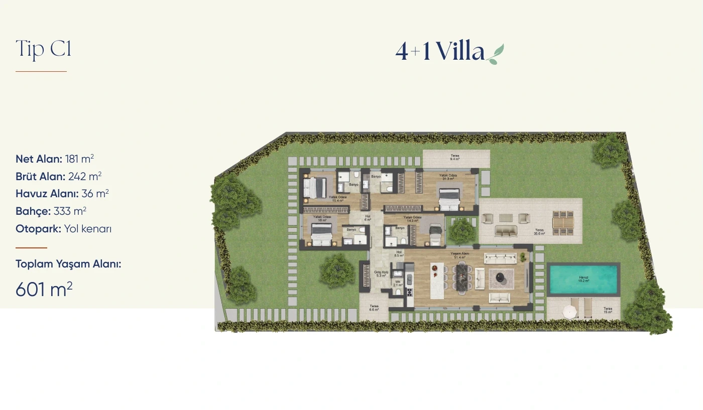 Tip C1 4+1 Villa kat planı