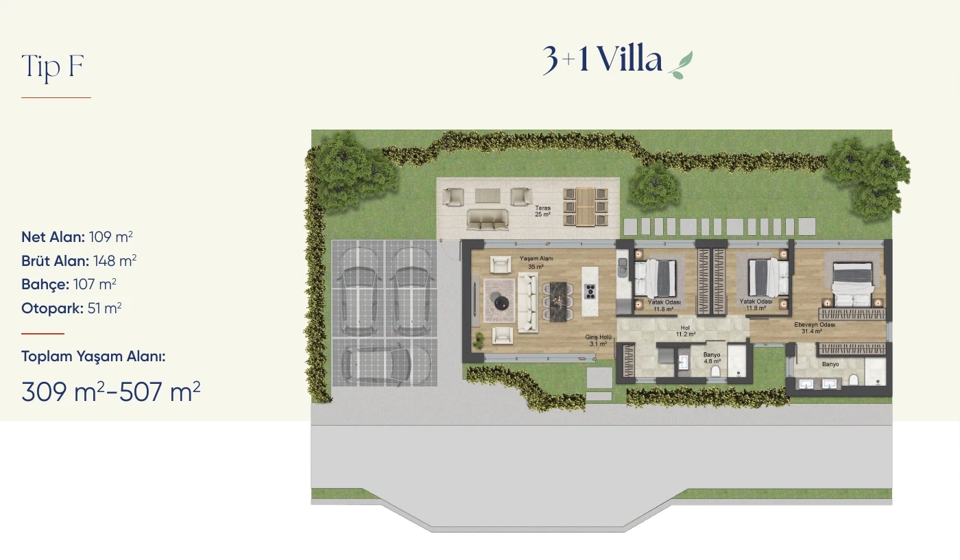 Tip F 3+1 Villa kat planı
